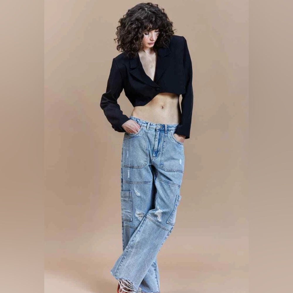 AVEC LES FILLES Distressed Cargo High Rise NonStretch Denim Baggy Jeans 24 W 35”